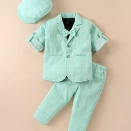 Rikidoos Full Sleeves Checked Textured Blazer With Tee & Coordinating Pant Cap & Bow Set - Sea Green & Navy Blue-image-82
