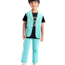 Babyhug Woven Half Sleeves Text Printed T-Shirt & Trouser With Waistcoat - Sea Green-image-76
