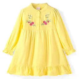 Babyhug Viscose Woven Full Sleeves Mandarin Collared Frock with Floral Embroidery & Frill Detailing- Yellow-picture-46