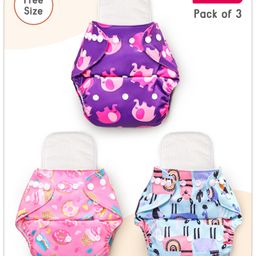 Babyhug Reusable Cloth Diaper With Insert Elephants Icecream & Deer Prints Packof 3 - Purple Blue Pink-7