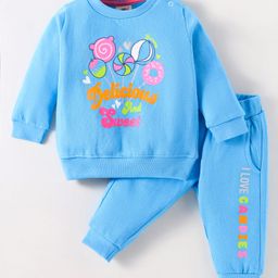 Zero Female Fleece Knit Full Sleeves Winter Wear T- Shirt & Lounge Pant Set Text Print - Light Blue-image-79