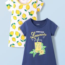 Honeyhap Premium 100% Cotton Knit Half Sleeves Lemonade Printed Nighties with Bio Finish Pack of 2 - Bright White & Navy Peony-image-59