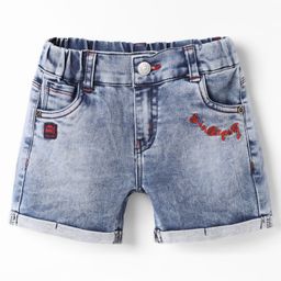 Olio Kids Denim Knit Above Knee Length Shorts with Text Embroidery - Light Blue-image-49
