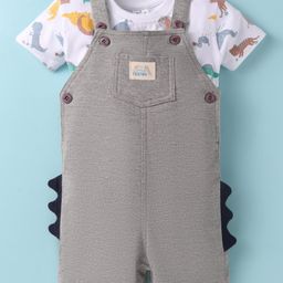 Simply Premium Interlock Knit Dungaree & Half Sleeves T-Shirt with Dino Print & Applique - White & Grey-image-86