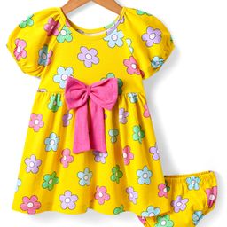 Babyhug Single Jersey Knit Half Sleeves Floral Printed Frock With Bow Applique & Bloomer - Yellow-image-20
