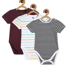 MINI KLUB Cotton Pack Of 3 Half Sleeves Striped & Solid Onesies - Brown White & Black-picture-42