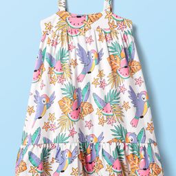 Babyhug Cotton Knit Sleeveless Frock with Jungle Theme Print - White-image-7