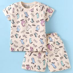 CUCUMBER Cotton Knit Half Sleeves Shorts Night Suit With Dino Print - Baby Pink-image-30