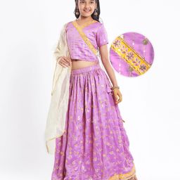 Pine Kids Woven Half Sleeves Floral Sequin Embroidered Choli Lehenga Set with Dupatta - Purple-image-50