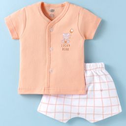 Zero Interlock Knit Half Sleeves Shorts Night Suit with Bear Print & Checks - Orange & White-picture-15