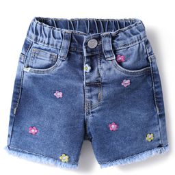 Babyhug Mid Thigh Washed Denim Shorts With Stretch & Floral Embroidery - Blue-image-96