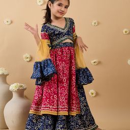 Pspeaches Cotton Half Sleeves Bandhani Printed & Lace Embellished Lehenga Choli With Dupatta Set - Navy Blue & Magenta-image-34