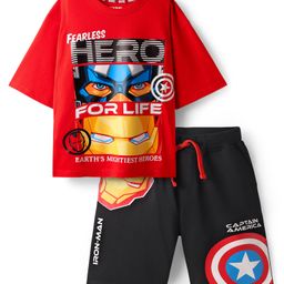 Pine Kids Marvel Single Jersey Knit Half Sleeves Drop Shoulder T-Shirt & Short Set With Avengers Graphics Red & Black-image-64