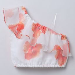 Taffykids Organza One Shoulder Sleeves Floral Printed Frill Detailed Crop Top - White & Orange-image-89