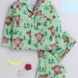 Knitting Doodles Pure Cotton Woven Full Sleeves Monkeys Printed Coordinating Shirt & Pajama Set - Green-image-56