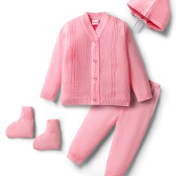 Babyhug Knitted Full Sleeves Solid Sweater Set With Cap & Mittens - Pink-image-129