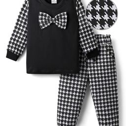 Mark & Mia Terry Knit Full Sleeves Printed Winter Wear Set With Bow Detailing - Black & Offwhite-image-76