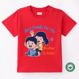 BLUSHES 100% Cotton Knit Raksha Bandhan Theme Half Sleeves Best Friends For Life Brother & Sister Text Printed Tee - Red-image-62