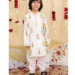 BownBee Pure Cotton Woven Full Sleeves Hand Block Floral Printed Kurta & Pyjama Set - Yellow-image-53