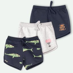 Ariel Cotton Knit Pack Of 3 Sharks & Super Girl Text Printed Shorts - Grey & Navy Blue-image-99