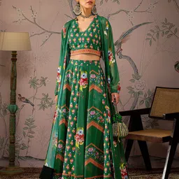 Shae by SASSAFRAS Floral Printed V-Neck Ruched Crop Top With Anarkali Skirt & Shrug-54