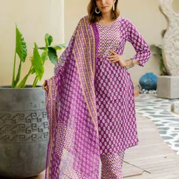 KALINI Floral Printed Round Neck Mirror Work Pure Cotton Kurta With Trousers & Dupatta-44