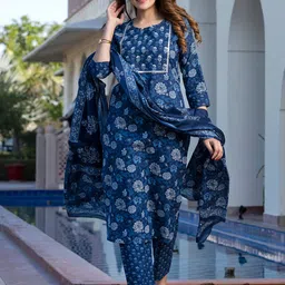 KALINI Floral Printed Round Neck Pure Cotton Straight Kurta With Trousers And Dupatta-picture-39