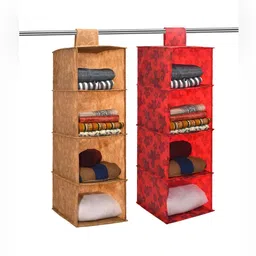 Aura Brown & Red 2 Pieces Printed Foldable 4 Shelf Hanging Closet Organisers-22