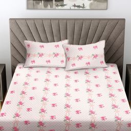 FABINALIV White & Pink Floral 300 TC King Bedsheet with 2 Pillow Covers-image-82