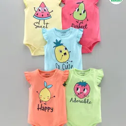 Babyoye Cotton Cap Sleeves Onesies Fruits Print Pack of 5 - Multicolour-picture-5