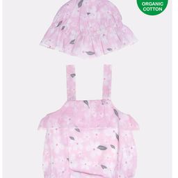 Nino Bambino 100% Organic Cotton Flower Print Strap Jumpsuit With Hat - Pink-image-67