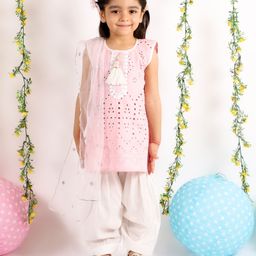 Little Bansi Sleeveless Chikan Embroidered Kurti & Salwar Set - Pink-picture-16