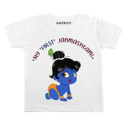 KNITROOT Half Sleeves My First Janmashtami Print Tee - White-image-6