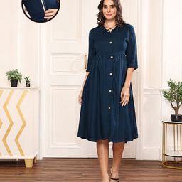 MomToBe Three Fourth Sleeves Solid Button Down Maternity Dress - Dark Green-image-21