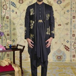 Agrajain Men Animal Embroidered Pleated Zardozi Kurta with Trousers-48