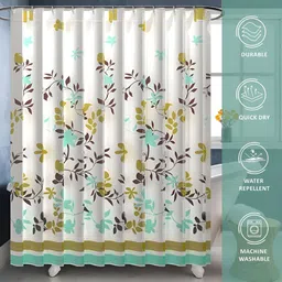 Aura 3-Pcs White & Mustard Leaf Printed Waterproof ShowerCurtainWithHooks image 3