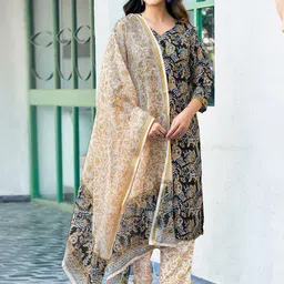 SANISA Floral Printed V-Neck Straight Kurta With Trousers & Dupatta-57