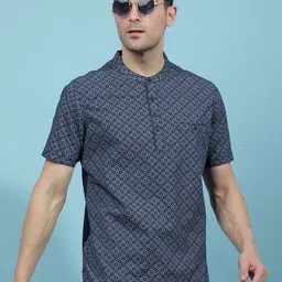 Crimsoune Club Geometric Printed Band Collar Short Sleeves Cotton Straight Kurta-image-3