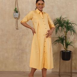 EASY MOM Women Shirt Collar Roll-Up Sleeves Maternity Fit & Flare Midi Dress-image-93
