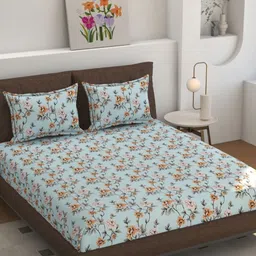 Florida Turquoise Blue & Grey Floral 160 TC Bedsheet Set 275 cm X 228 cm-13