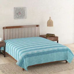 Fabindia Turquoise Blue & White Striped 290 GSM DoubleBedCover-image-67