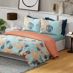 United Colors of Benetton Blue & Peach-Coloured Floral 144 TC Queen Bedsheet with 2 Pillow Covers-image-70
