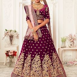ETHNIC PLUS Embroidered Velvet Semi-Stitched Lehenga With Unstitched Blouse & Dupatta-image-98