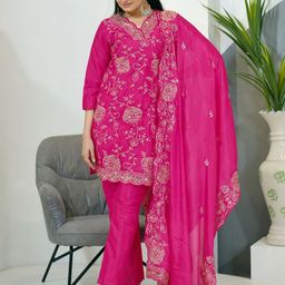 ODETTE Floral Embroidered Thread Work Chinon Kurta With Trouser & Dupatta-image-33