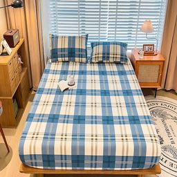 JC HOME Cream-Coloured & Blue Geometric 220 TC King Bedsheet with 2 Pillow Covers-picture-1
