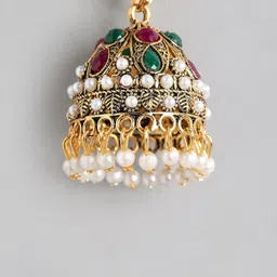 Anouk Gold-Plated Artificial Stones Studded & Beaded Dome Shaped Jhumkas image 2