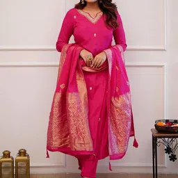 Divyadham Textiles Women Ethnic Motifs Embroidered Regular Thread Work Chanderi Silk Kurta with Pyjamas &-picture-43