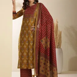 GULMOHAR JAIPUR Ethnic Motifs Printed Pure Cotton Straight Kurta with Palazzo & Dupatta-picture-8