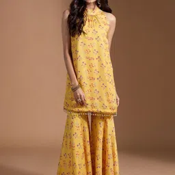 Moda Rapido Floral Printed Sleeveless Halter Neck Armani Satin Straight Kurta With Sharara-image-55