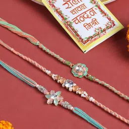 Sangria Set Of 3 Stones Studded & Pearls Beaded Floral Thread Rakhi With Greeting Card-5